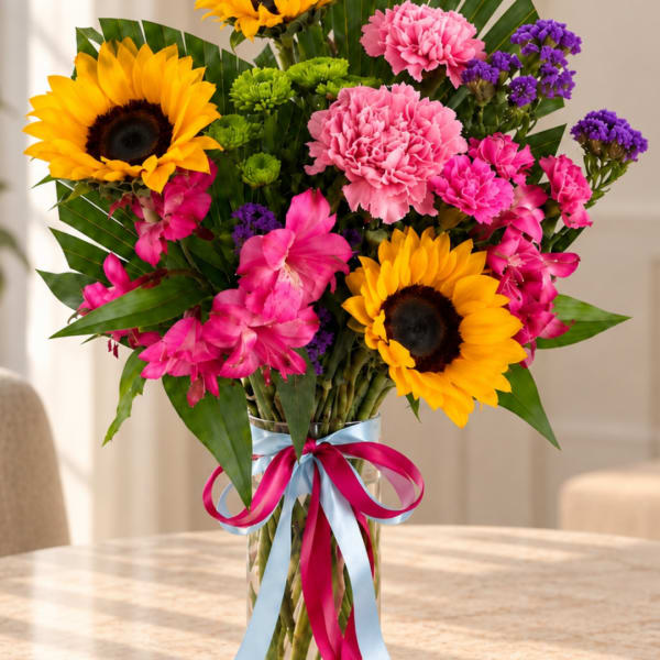 Bouquet of sunflowers, pink carnations, and purple flowers in a glass vase