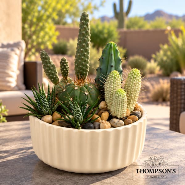 Potted cactus and succulent arrangement in a cream ceramic bowl