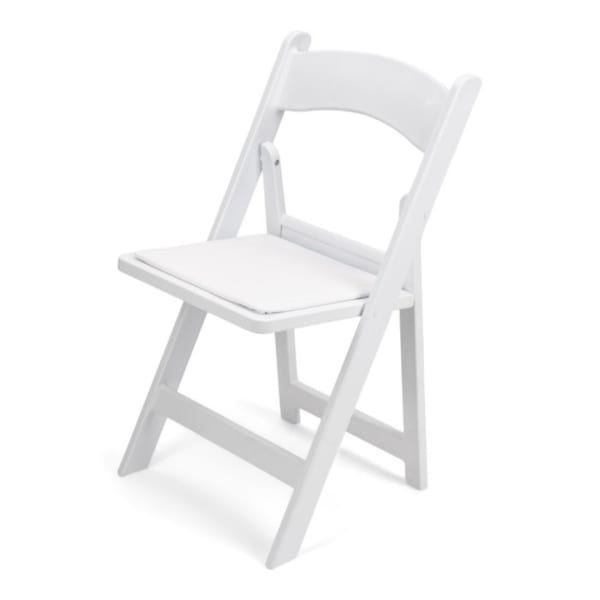 White folding chair on a plain white background