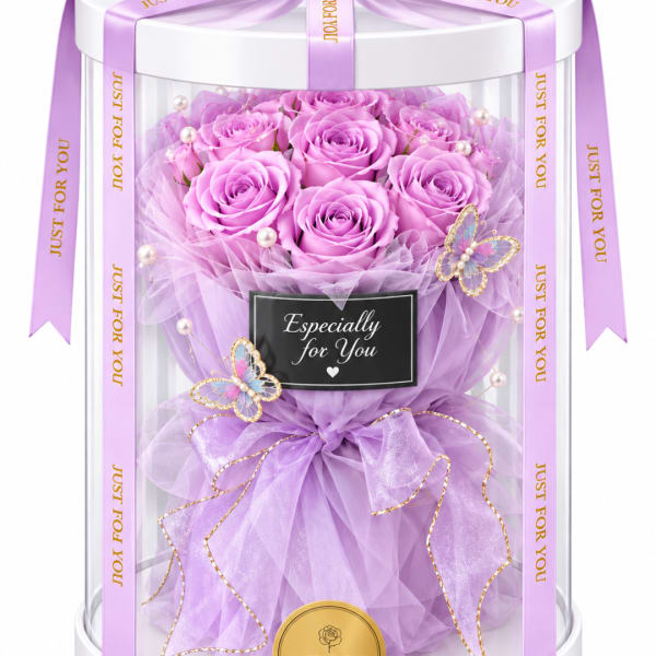 Lavender rose bouquet in a clear gift box with purple ribbon and butterfly accents