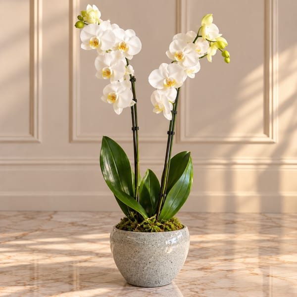 White orchid plant in a speckled ceramic pot