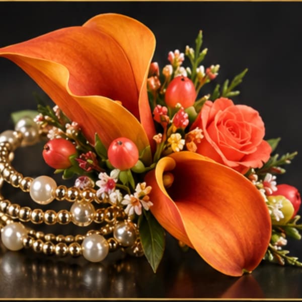Orange calla lilies and a coral rose with pearl bead garland