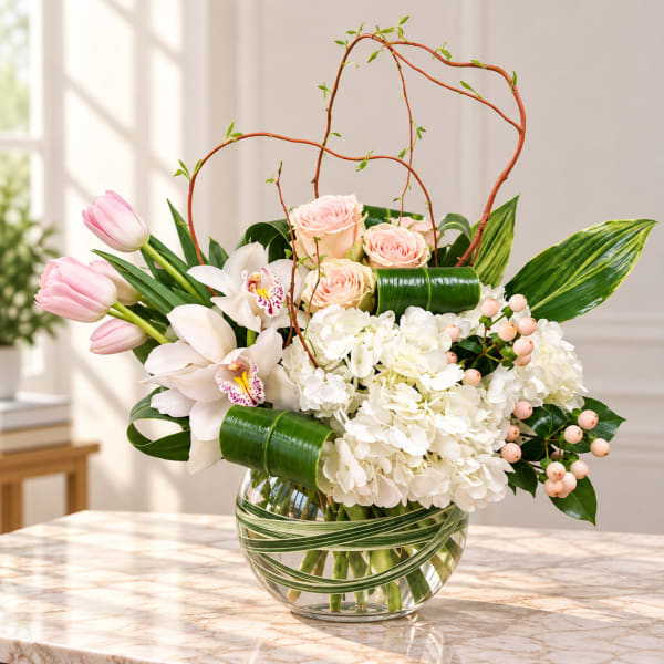 Pink tulips and white orchids in a clear glass vase with white hydrangeas