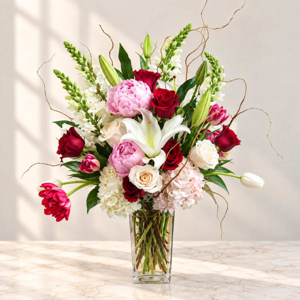 Mixed bouquet of roses, lilies, peonies, and hydrangeas in a clear glass vase