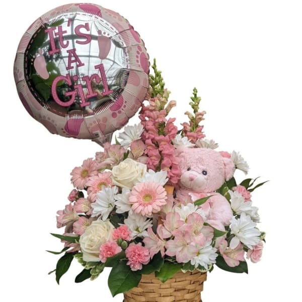 Pink flower basket with a teddy bear and a balloon reading "It's A Girl"