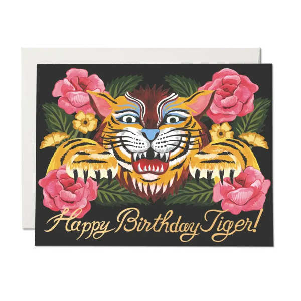 Birthday card with a tiger face and pink flowers