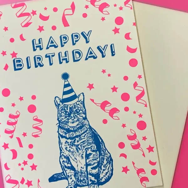 Happy Birthday Cat + Confetti Letterpress Card