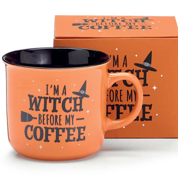 Orange Halloween mug and matching gift box with witch-themed text