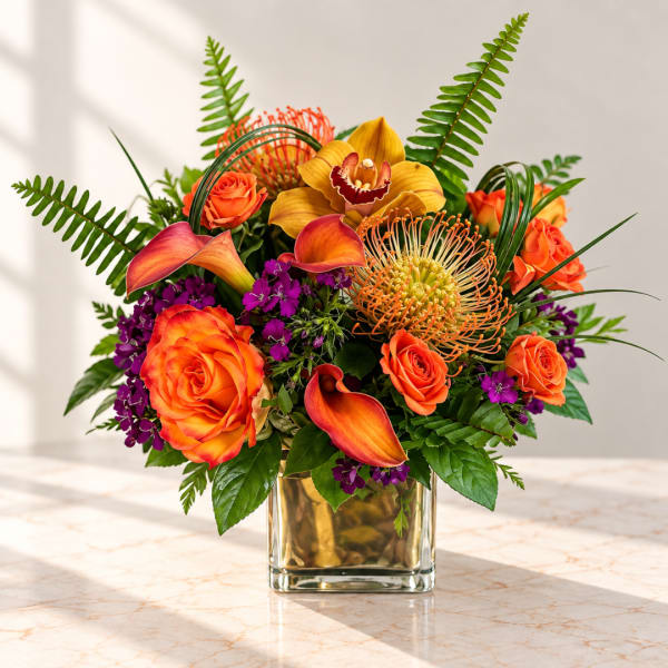 Orange and purple floral arrangement in a clear glass vase