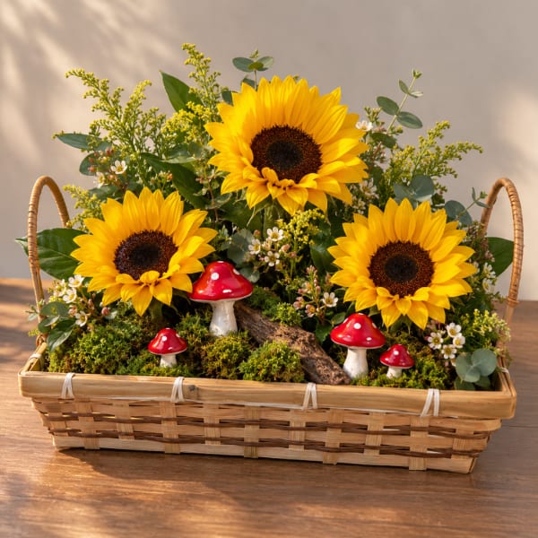 Basket arrangement with sunflowers and red mushroom ornaments