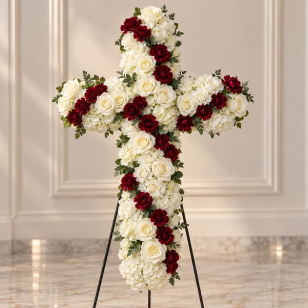 Cross-shaped floral standing spray with white roses and red carnations