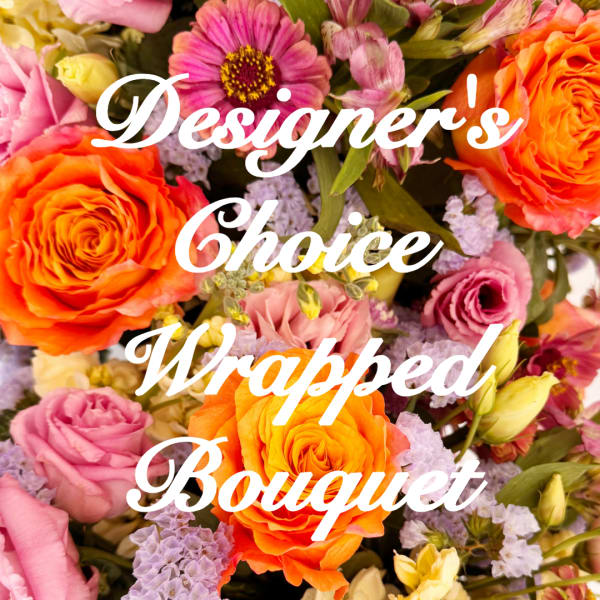 Mixed bouquet with orange and pink roses and purple filler flowers