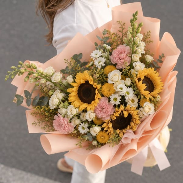Bouquet of sunflowers, white roses, and pink carnations wrapped in peach paper