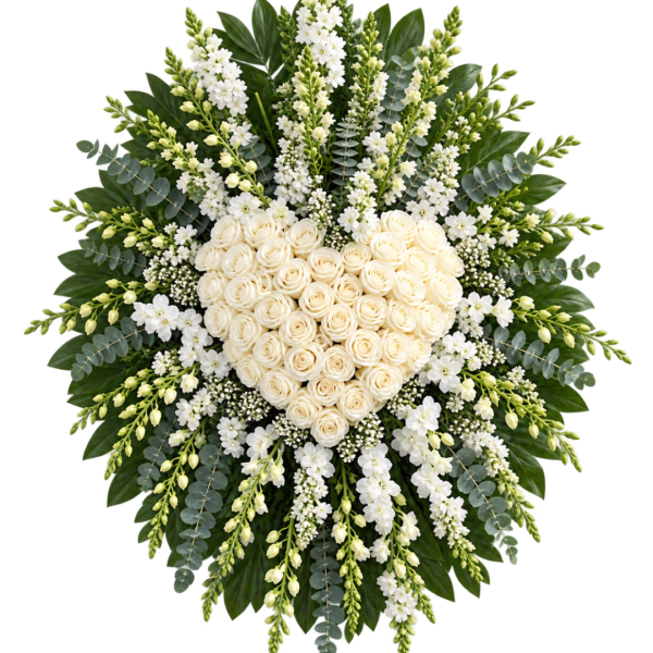 Heart-shaped white rose funeral spray with white flowers and greenery