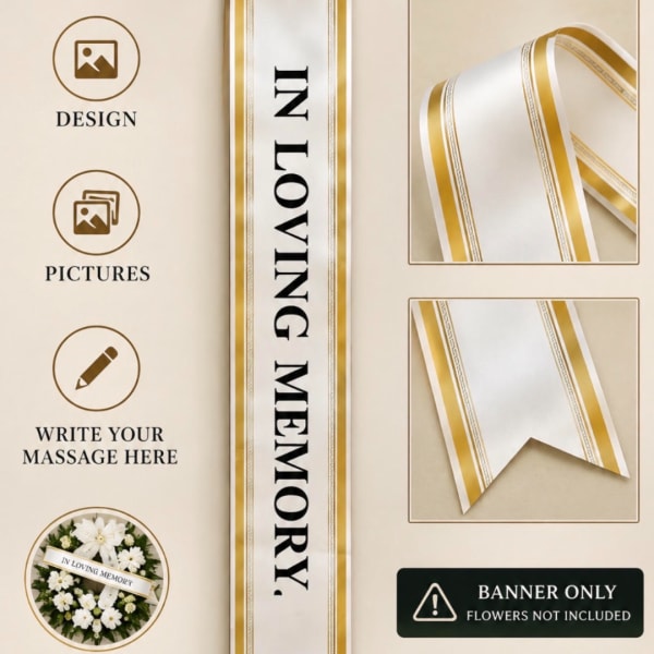 Gold and white memorial banner with customizable text and photo areas