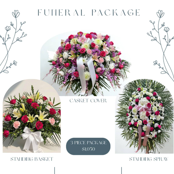 Funeral flower package with a casket cover, standing basket, and standing spray