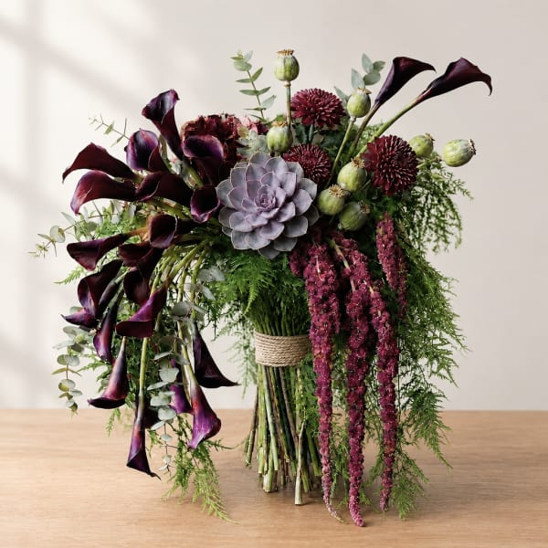 Bouquet with dark calla lilies, burgundy blooms, and a succulent centerpiece