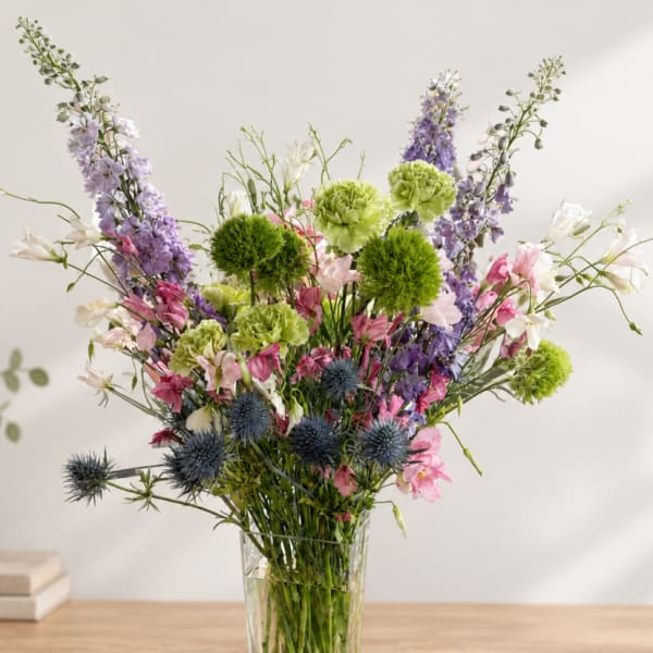 Mixed bouquet in a clear glass vase with purple, pink, white, and green flowers