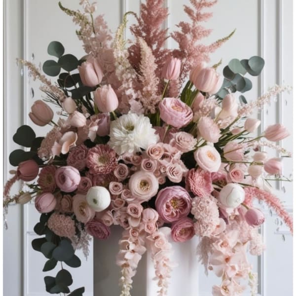 Large pink and white floral arrangement with tulips and roses