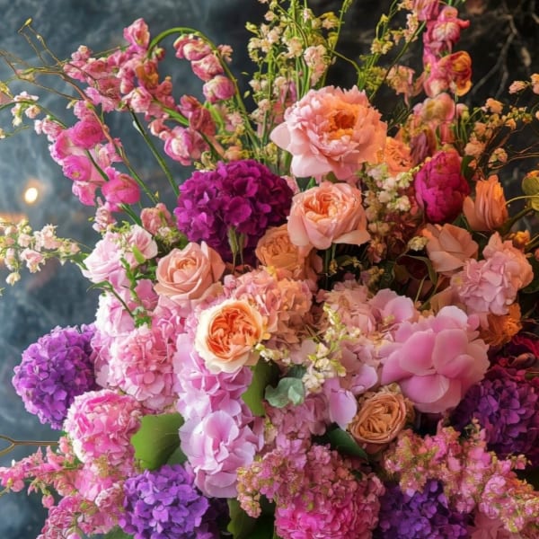 Large bouquet of pink, peach, and purple flowers