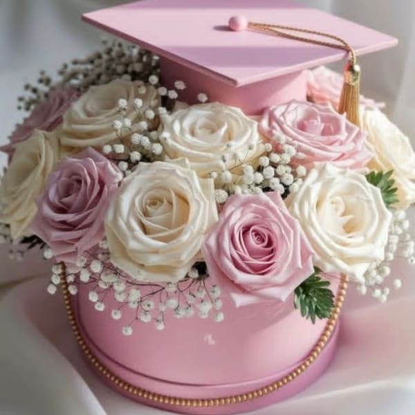 Pink graduation cap box with roses and baby's breath
