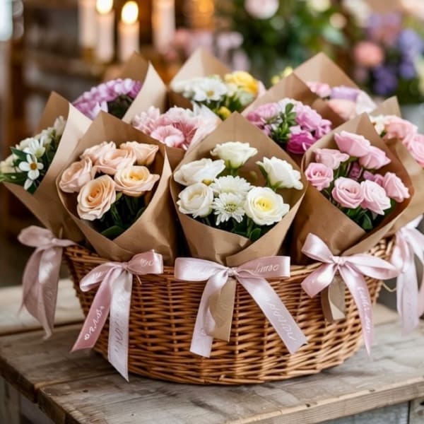 Basket of small wrapped flower bouquets in pink, white, and peach