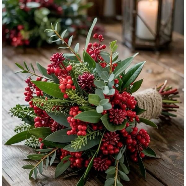 Bouquet of red berries and green foliage tied with twine