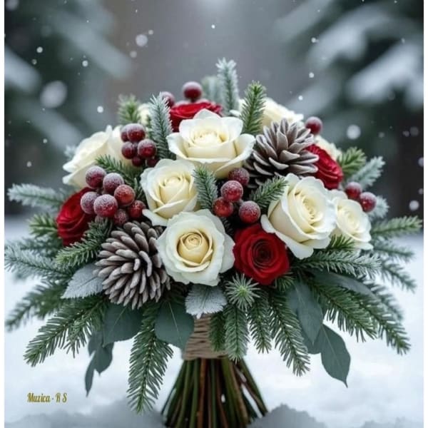 Bouquet of red and white roses with pinecones and evergreen branches