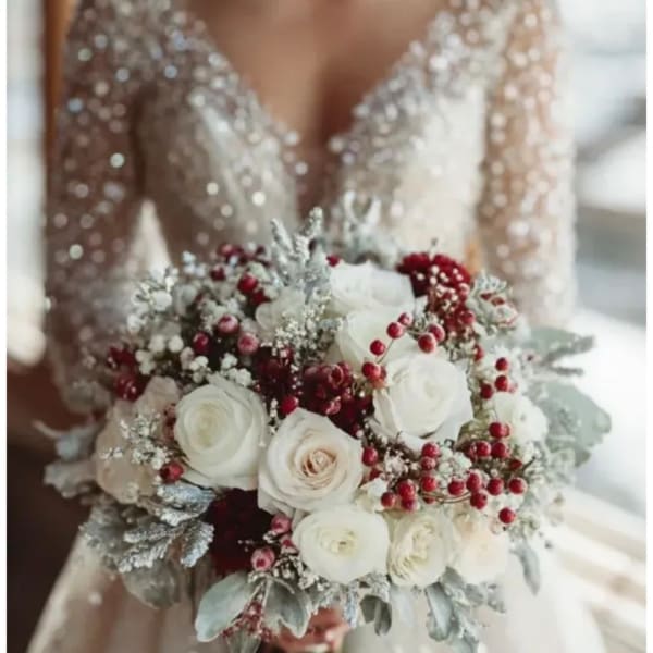 Bride holding a white and red bouquet with silver foliage