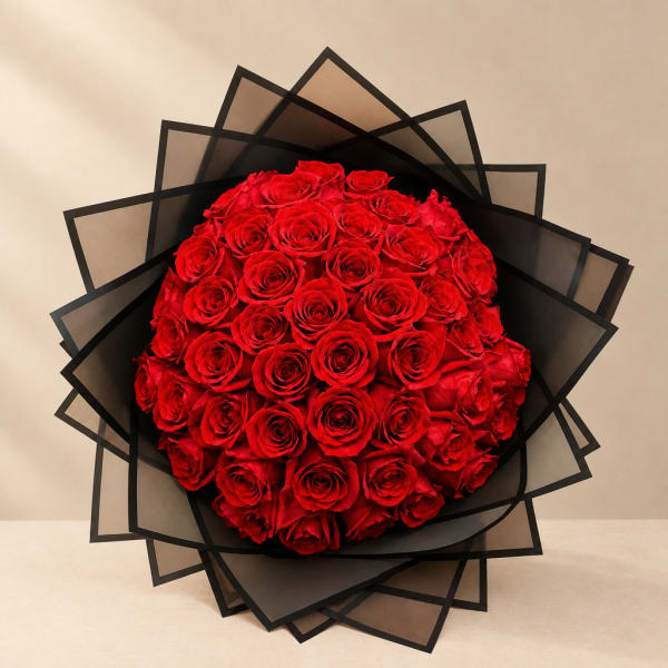Round bouquet of red roses wrapped in black paper
