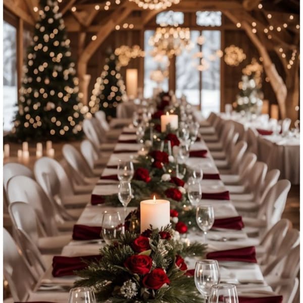 Long banquet table with red rose centerpieces and candles in a decorated hall