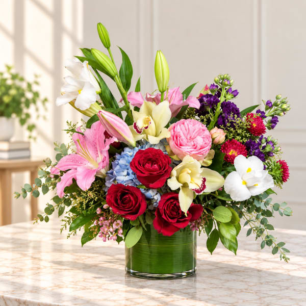 Mixed bouquet of lilies, roses, orchids, and hydrangea in a glass vase