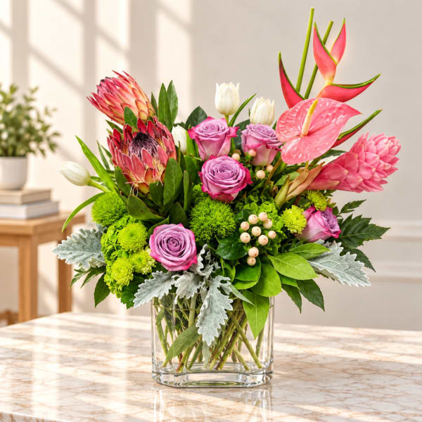 Mixed bouquet in a clear glass vase with pink and white blooms