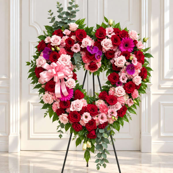 Heart-shaped floral wreath with red and pink roses and a pink ribbon bow