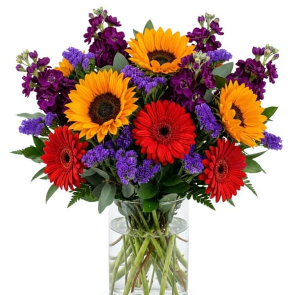 Bouquet of sunflowers, red gerbera daisies, and purple flowers in a glass vase