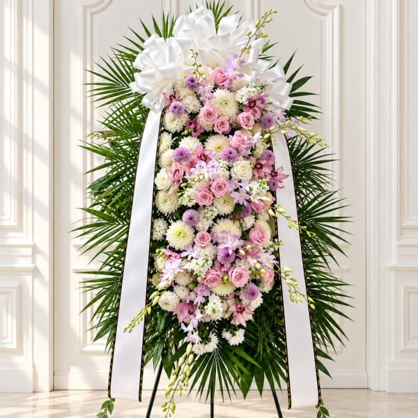 Standing floral spray with pink and white flowers on a white ribboned easel