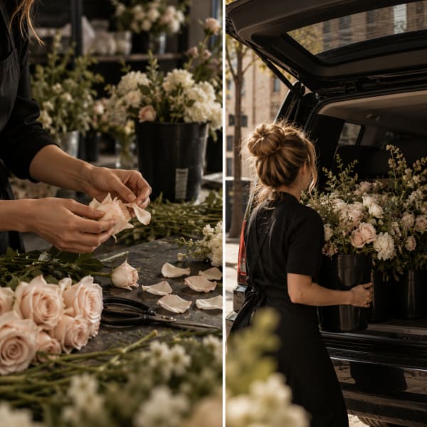Florist arranging pale roses in black buckets beside an open vehicle