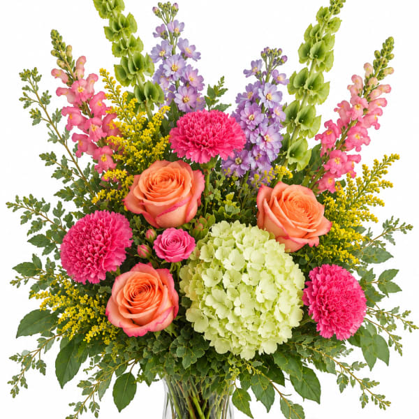 Colorful mixed bouquet in a clear glass vase with roses, hydrangea, and tall blooms
