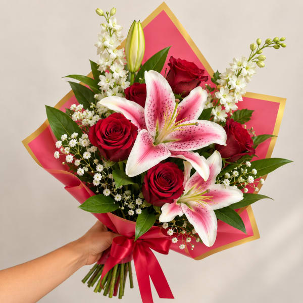 Bouquet of red roses and pink lilies wrapped in pink paper