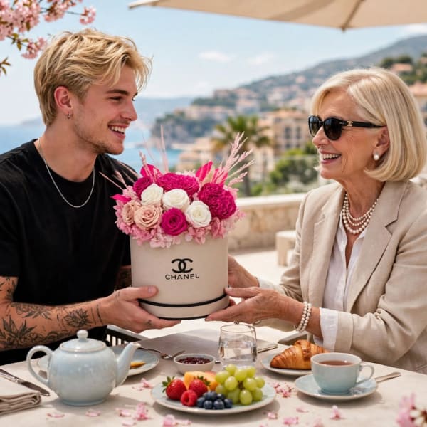 Two people hold a pink and white rose arrangement in a Chanel box