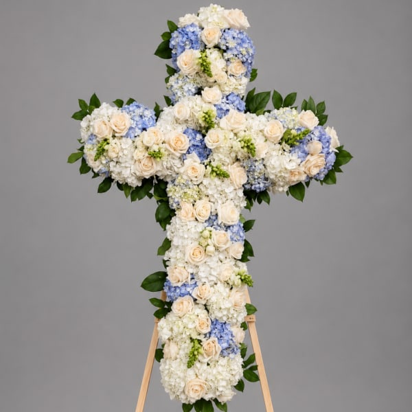 Cross-shaped floral arrangement with white, blue, and cream flowers on an easel