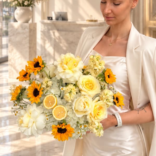 Woman holding a bouquet of yellow and white flowers with lemon slices