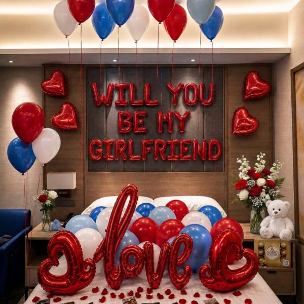 Red heart balloons and a "Will You Be My Girlfriend" balloon display with a teddy bear