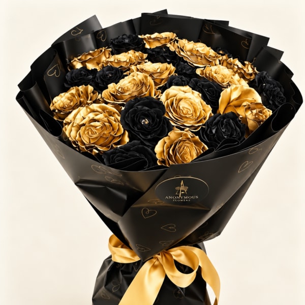 Bouquet of black and gold roses wrapped in black paper with a gold ribbon