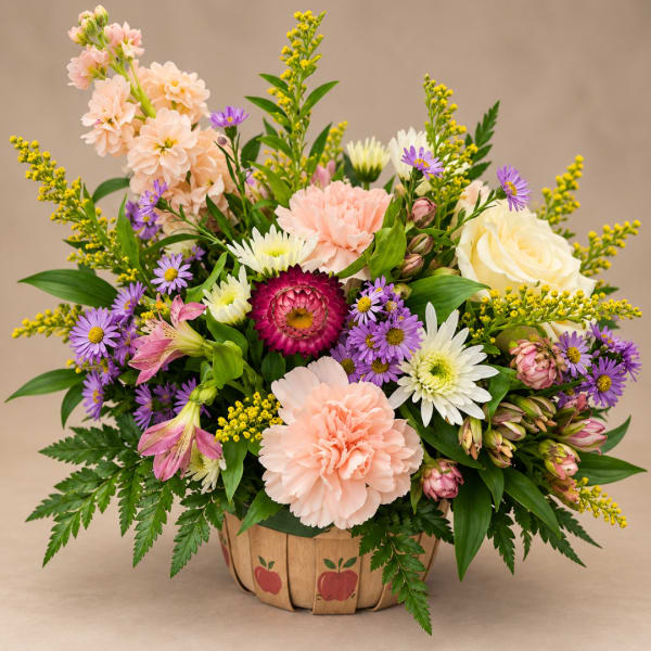 Mixed bouquet in a wooden basket with pink, white, and purple flowers