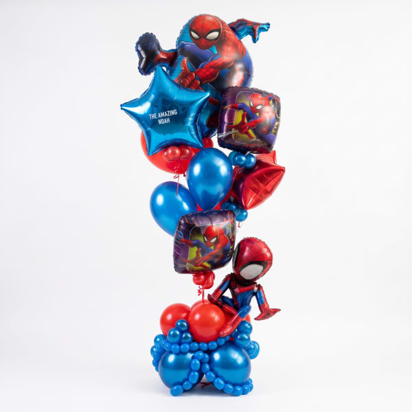 Spider-Man themed balloon bouquet with red and blue balloons