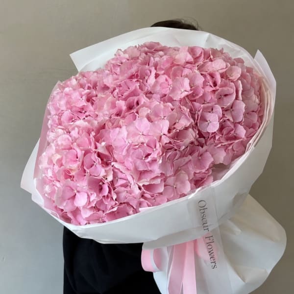 Large bouquet of pink hydrangeas wrapped in white paper with a pink ribbon
