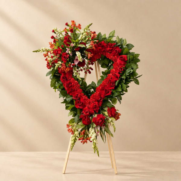 Heart-shaped floral wreath of red roses and mixed blooms on a wooden stand
