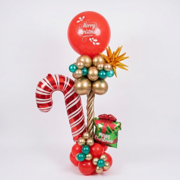 Christmas balloon display with a candy cane and gift box