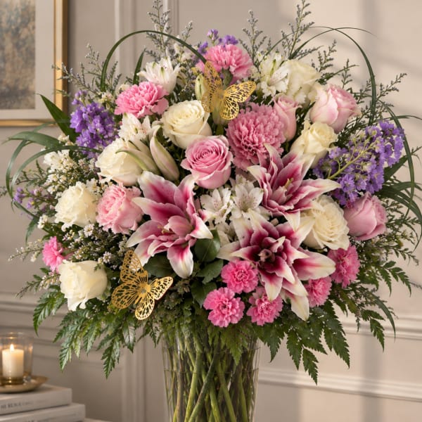 Pink and white mixed flower arrangement in a clear glass vase